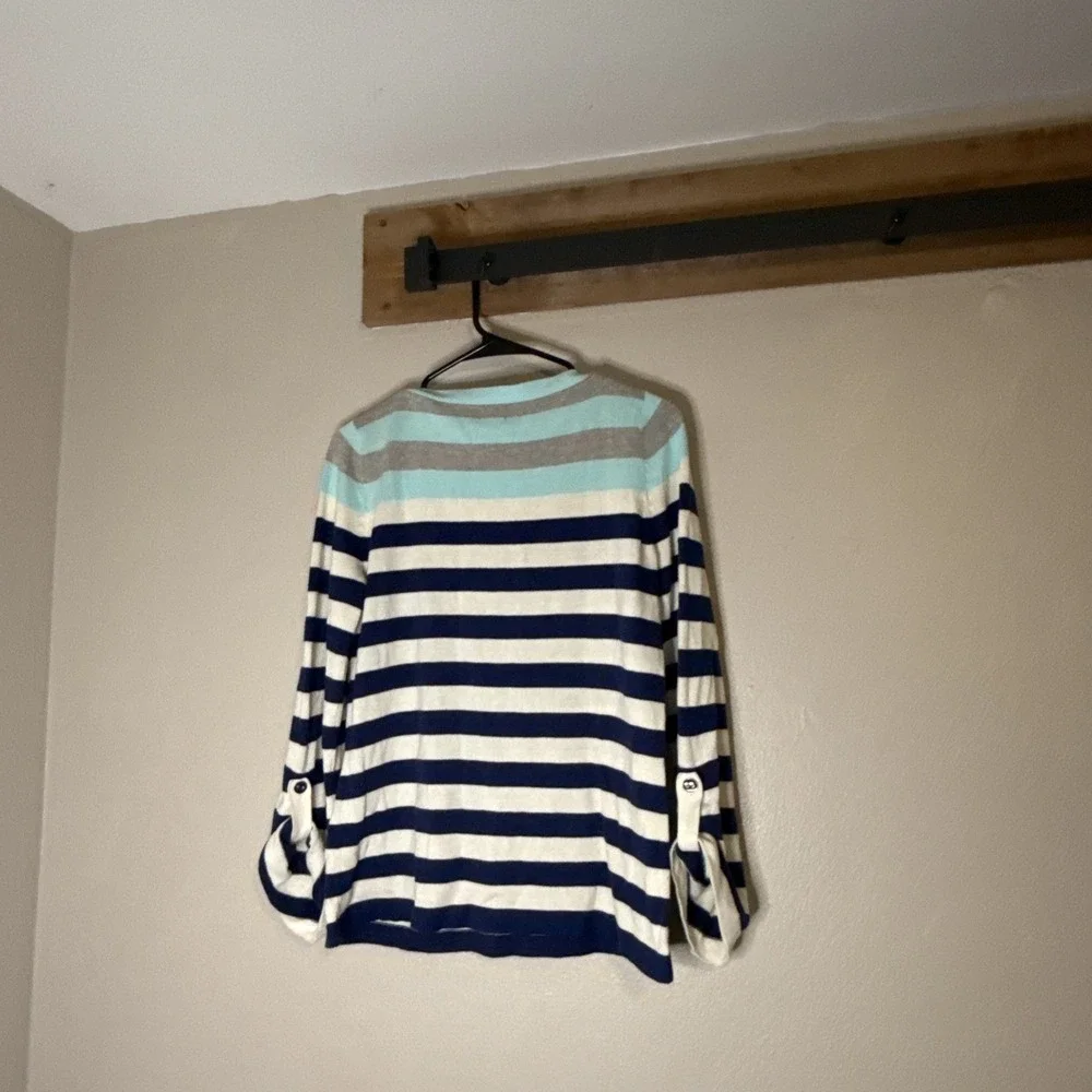 IZOD Sweater Striped Women's Small Blue White Mint Roll Tab Sleeve Nautical‎